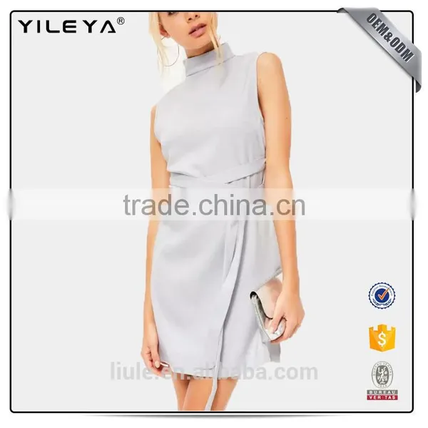 New Design Summer Ladies Lovely High Neck Tie Waist Mini Shift Casual Dress photo-2