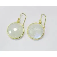 Rainbow Moonstone 18mm Round Bezel Setting Gold Plated Silver Earring photo-3