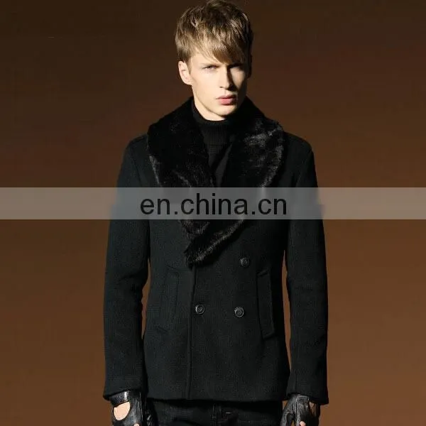 European Fashion Men's Outwear Soft Shell Woolen Jackets Slim Fit Winter Wool Coats With Big Fur Collar
