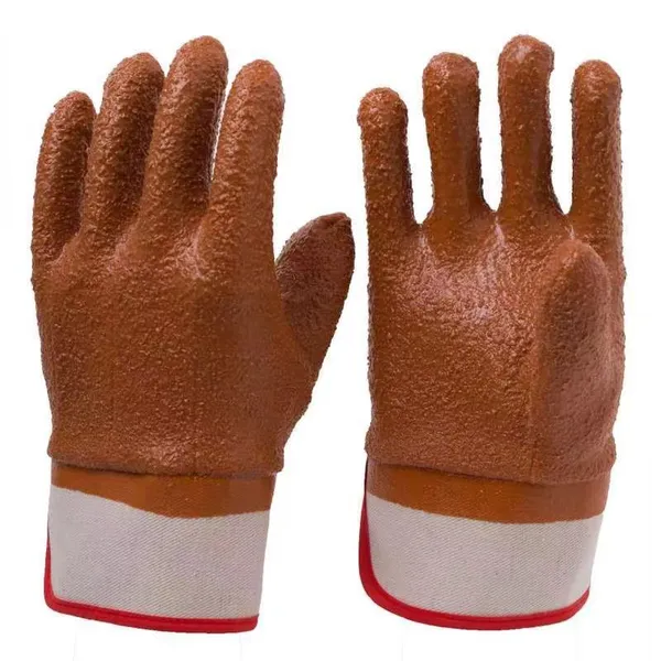 Heavy Duty Safety Cuff Cotton Jersey Liner Rough Sandy Orange PVC Coated Gloves photo-4