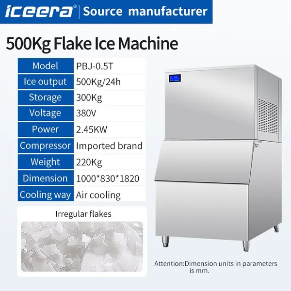 Industrial Flake Ice Machine 500KG/24h Stainless Steel for Fisher & Food Processing