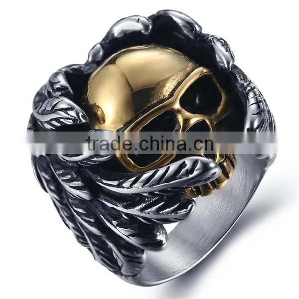 Gold Silver Vintage Gothic Wing Biker Surgical Stainless Steel Skull Ring for Man photo-3
