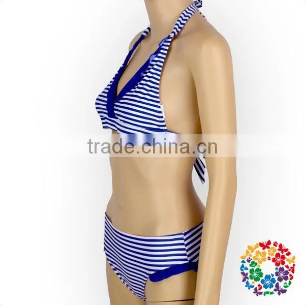 Wholesale Cheap Adult Women Swimsuit Blue White Stripe Bikini Set photo-2
