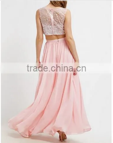 2017 Fashion Long Maxi Dresses Sleeveless Two Piece Set Long Skirts and Beaded Tops for Girls Party Wear Dress photo-3