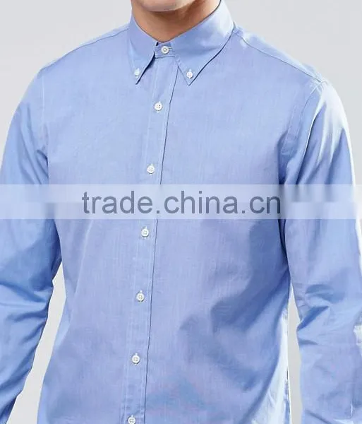 Guangzhou High Quality Custom Long Sleeve Spread Collar Mens 100% Cotton Poplin Casual Slim Fit Blue Solid Shirts photo-3
