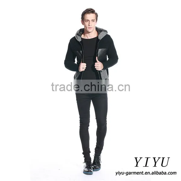 Men Patchwork Leather Knitted Jackets Coat Alpaca Hooded Sweater With Zipper photo-5