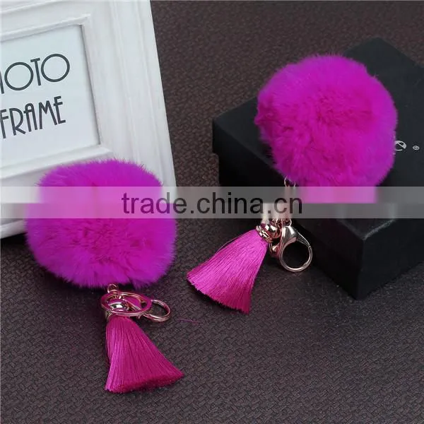 Fashion Keychain Gold Plated Fuchsia Angora Pom Pom Ball Rayon Tassel Key Chain photo-3