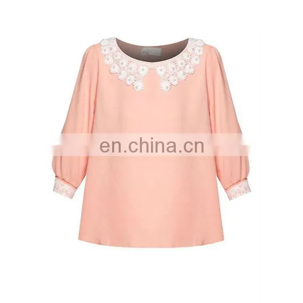 Custom Chiffon Blouse With Lace Flat Collar Half Sleeves Women Shirts and Tops photo-5
