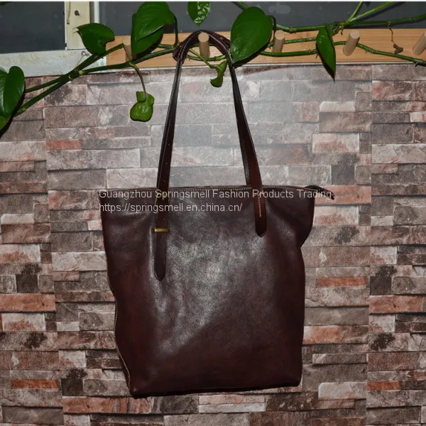 Large Genuine Leather Handbag Vegetable Tanned Soft Leather Woman Tote Bag photo-5