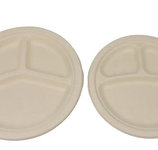 Disposable Compartment Tray, 9 Inch Round Molded Pulp Plate, 4 Deep Sections, Heat Resistant 100°C, Ideal for Catering