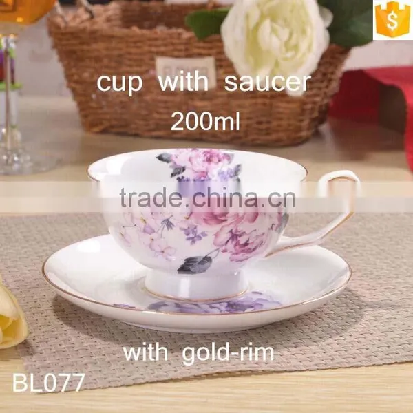 Elegant Flower Decal With Gold-rim Round Shape Porcelain Cup & Saucer 200ml Bone China Cup With Saucer