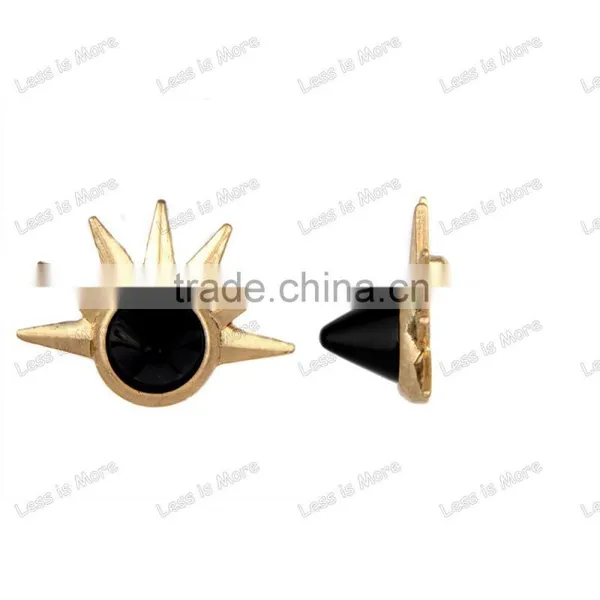 Black Stone Sunburst Gold Spike Stud Earrings