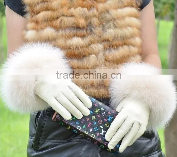 Top Luxury Fashion Desgin Beautiful Fox Fur Wrist Ladies Sheepskin Leather Gloves photo-3