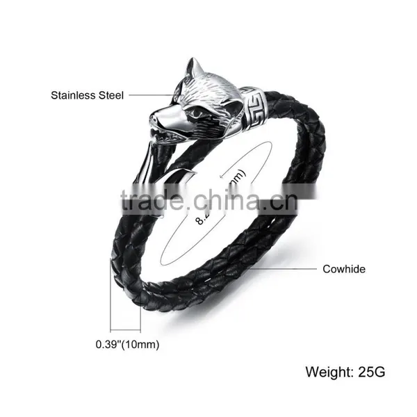 Men Stainless Steel Wolf Bracelet , Braided Black Leather Bracelet photo-2