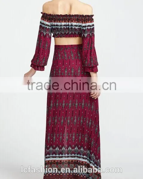 Picture of Long Skirts and Tops Vintage Print Drawstring Top With Split Skirt photo-3