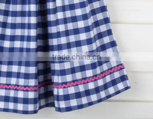 Blue Plaid Children Frocks Designs Kids Smocked Clothing Short Sleeve Baby Girl Dresses photo-2