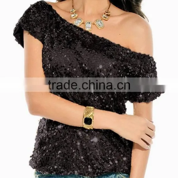 Women's Sexy Oblique Shoulder Bat Sleeve Sequin T-shirt Women's Shirt photo-3