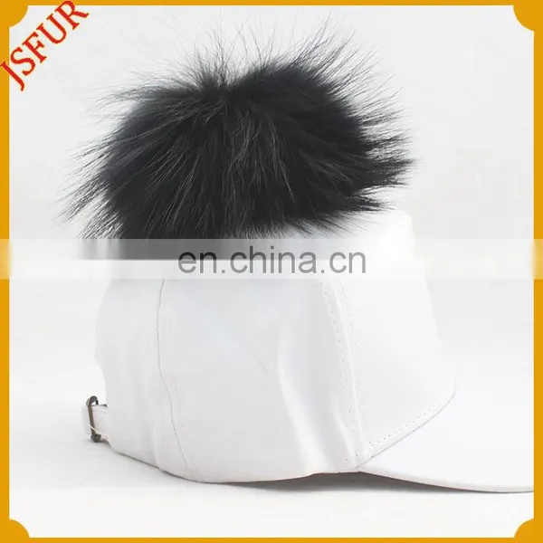 Fashionable Pure White With Real Raccoon Fur Pompom Spring Cap Hat