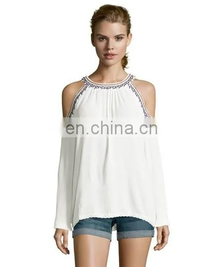 2016 New Fashion Design Cold Shoulder Long Sleeve Blouse Top For Women