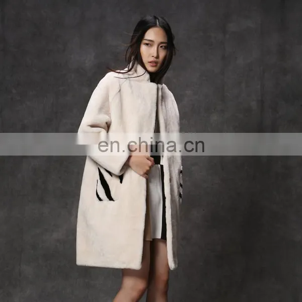 Hot Sales Merino Lamb Fur Long Coat With Zebra Pattern Pocket for Women photo-3