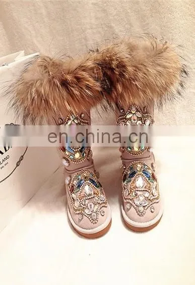 Aidocrystal Handmade Women Fur Snow Boots With Rhinestone photo-2