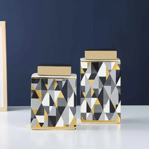 Nordic Style Creative Household Decoration Geometry and Tree Painting Cube Ceramic Flower Vase As Table Storage Jar With Lid photo-2