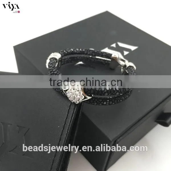 2016 Wholesale Luxury Stingray/ Python Leather Crystal Bracelet With Rose Gold Clasps Black Diamond photo-6
