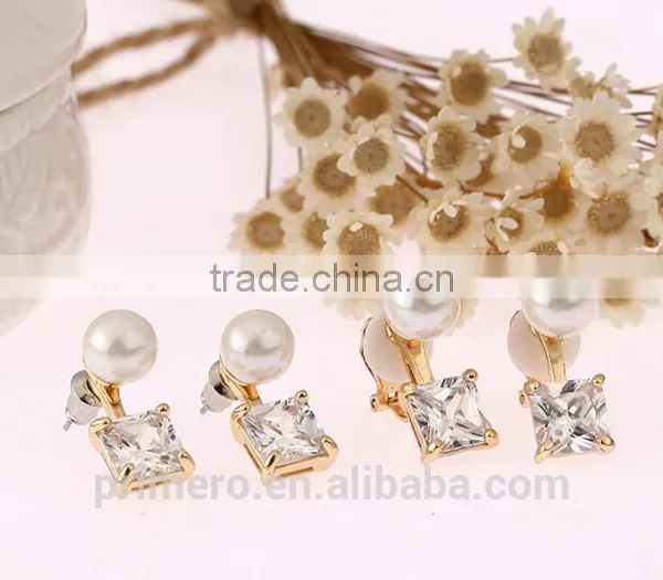 Gorgeous Design Pearl Top Quality Cubic Zirconia Bridal Dangle No Hole Earring photo-6