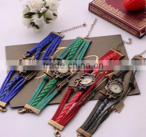 <<<2016 Vintage Excellent Clasps Woven Quartz Bangle Wrap For Unisex Love Gift Fashion Adjustable Leather Bracelets Watch / photo-6