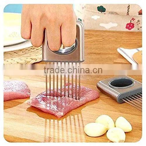 Onion Holder Vegetable Potato Cutter Slicer Gadget Stainless Steel Fork Slicing Odor Remover Kitchen Tool (Stainless Steel) photo-3