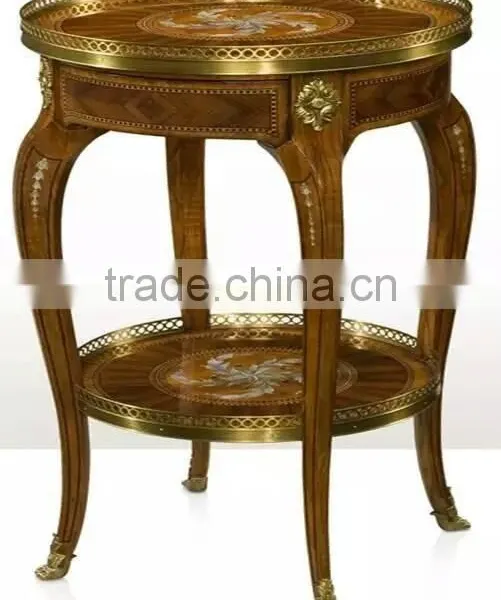 Vintage Natural Wood Carved Coffee Table With Brass Pedestal Handmade Marquetry Round Side Table Castle Living Room Furniture photo-2
