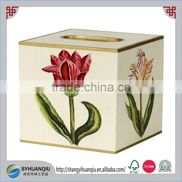 Tissue Box Cover Square Wood Bathroom Accessories Dispenser Wooden Tissure Box Holder Blue Floral CN photo-4