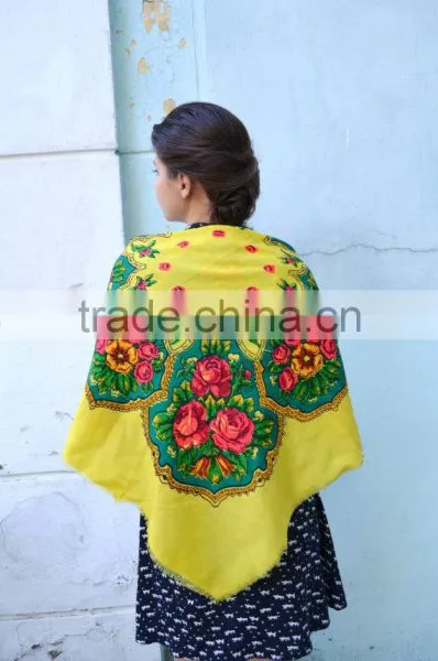 Vintage Ukrainian Shawl, Russian Floral Scarf ,russian Shawl, Floral Scarf, Head Scarf, Beautiful Shawl, Yellow, Babushka Russia photo-2