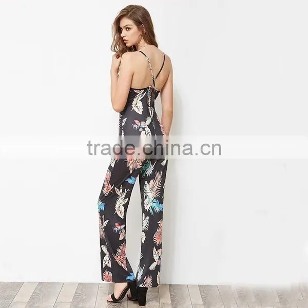 Black Floral Ladies Jumpsuit, 2017 Fashion Deep V-neck Long Romper photo-2