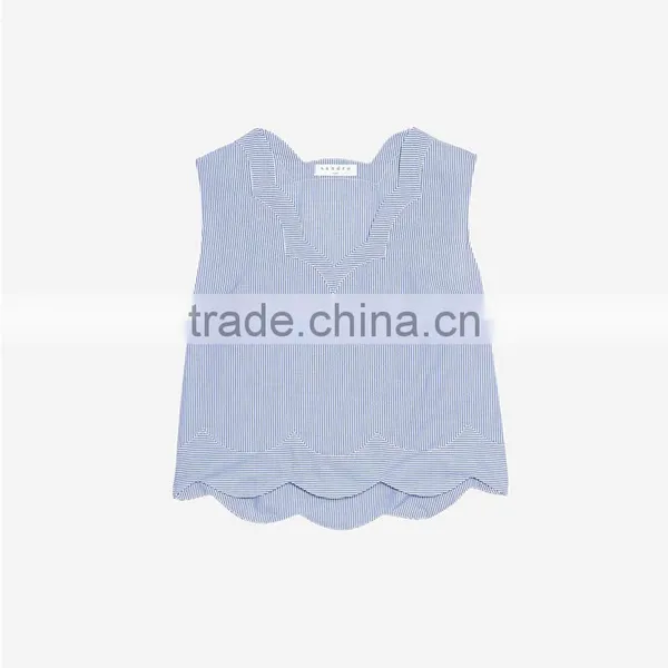 Striped Cotton Top With Wave Cut V-neck and Hem Sleeveless Shirt Tank Tops photo-6