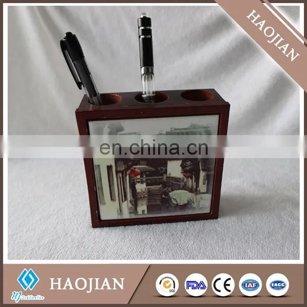 3 Round Holes Wooden Pen Holder Fancy Pen Holder Desktop Pen Holder With Ceramic Tile photo-2