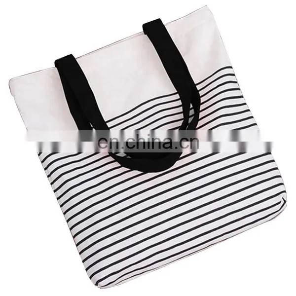 Wholesale Shopping Cotton Canvas Stripe Women Carrying Tote Bag With Bottom photo-2