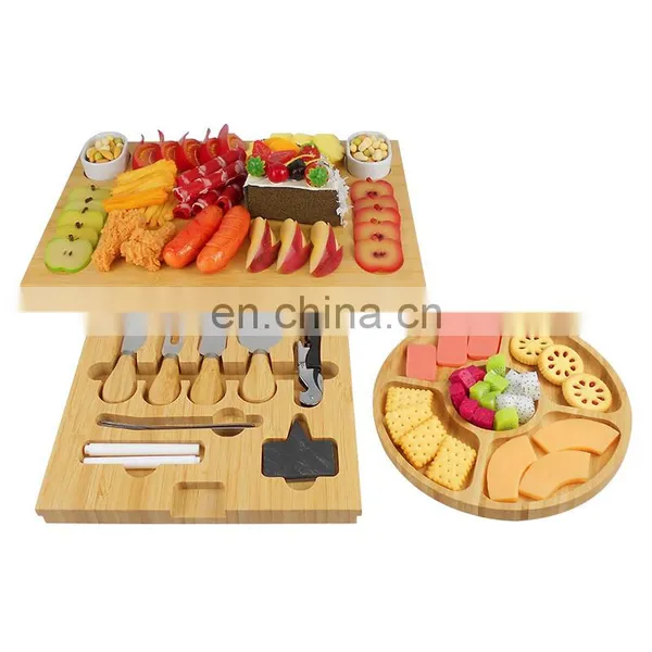 Unique Bamboo Cheese Board and Knife Set Charcuterie Platter Serving Tray Including 4 Knife Set For Housewarming photo-3