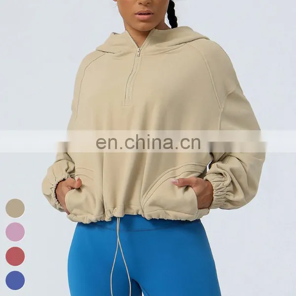 Drawstring Hem Yoga Jacket Loose Casual Running Coat Half Zipper Sports Jackets Long Sleeve Gym Fitness Hoody Women Yoga Jacket photo-3