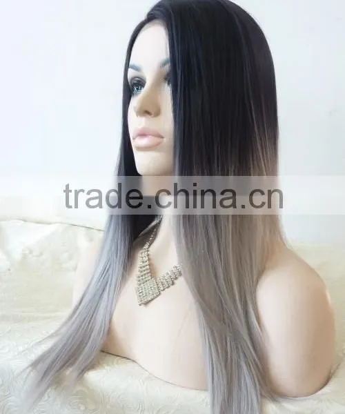 High Quality Heat Resiatant Fiber Lace Front Straight Grey Ombre Hair Synthetic Wig photo-2