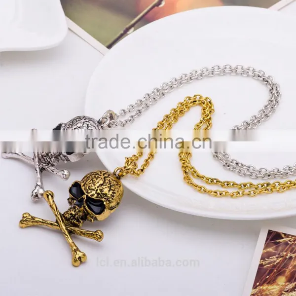 Hiphop Imitation Jewelry Halloween Necklace Punk Skull Pendant With Bone Statment Necklace Sweater Chain Yiwu Factory photo-3