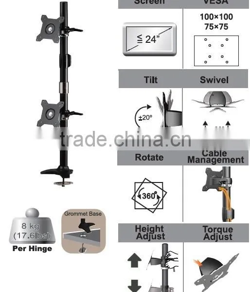 MONITOR MOUNT BY Aluminum Double LCD DESK Monitor Arm Grommet Mount