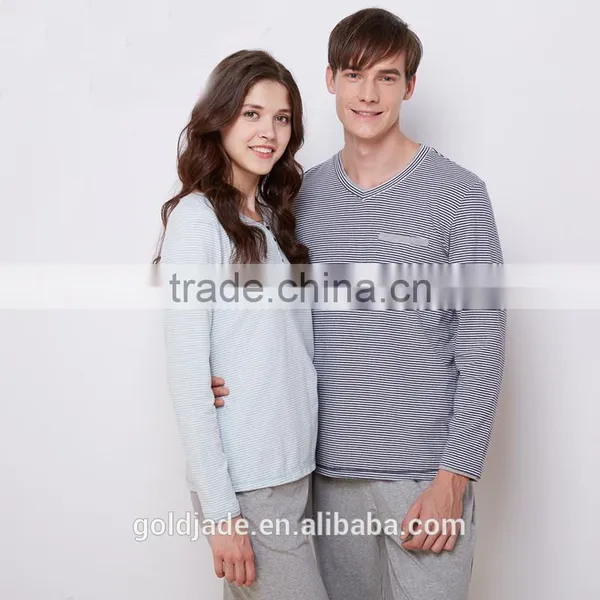 High Quality Couple Homewear Sleepwear Sets Stripe Flowers Cotton Pajama photo-4