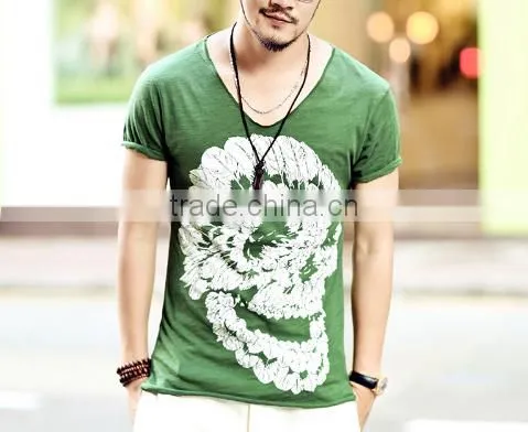2016 Men Deep V Neck Summer Cotton Skull Print Slim T Shirt photo-3