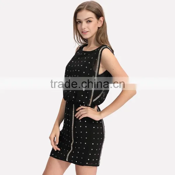 OEM Service Supply Design Sleeveless Latest Sequin Top Chiffon Short Skater Dress photo-4