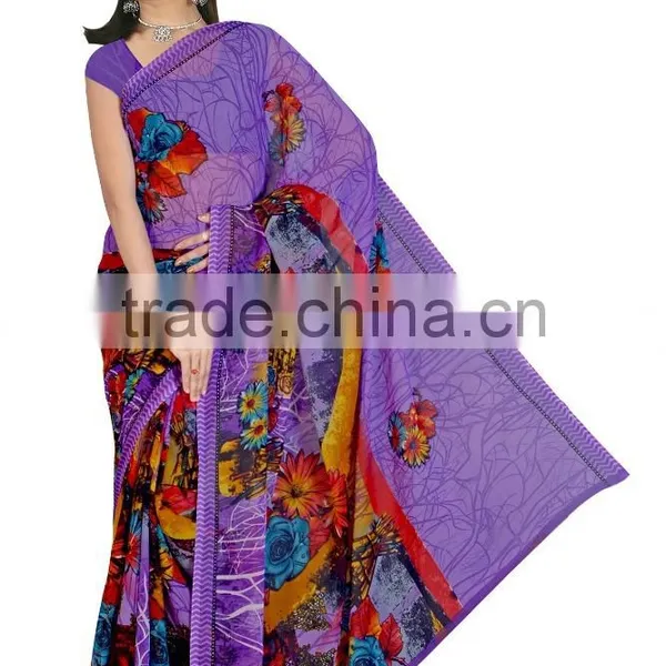 Mix Color Printed Designer Styles Saree With Blouse Material photo-3