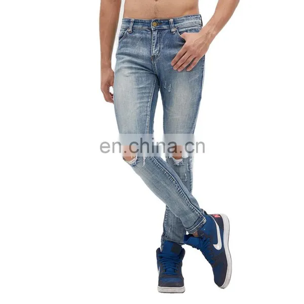 DiZNEW Medium Blue Wash Destroyed Denim Jeans Online Wholesale High Quality Mens Cut Jeans photo-6