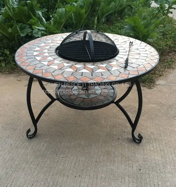 Garden Fire Pit & BBQ, Mosaic Tile Table - Outdoor Barbecue Fire Pit