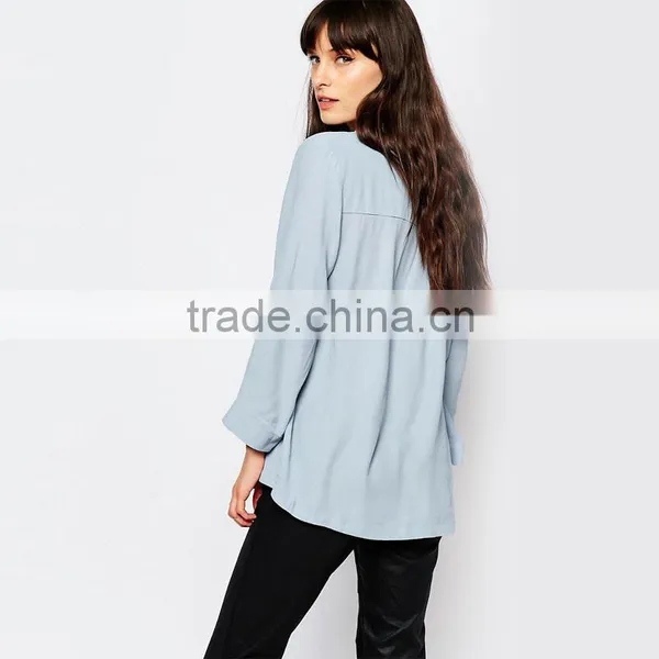 Blue Colour Lady Chiffon Blouse Sexy v Neck Tops for Women 2016 Wholeale photo-2