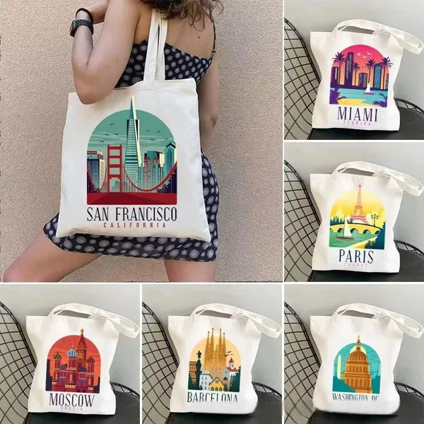 Wholesale Price Personalized Florida Miami Paris Mascow Barcelona Travel Souvenirs Custom Shopping Fashion Canvas Cotton Tote Bags Factory